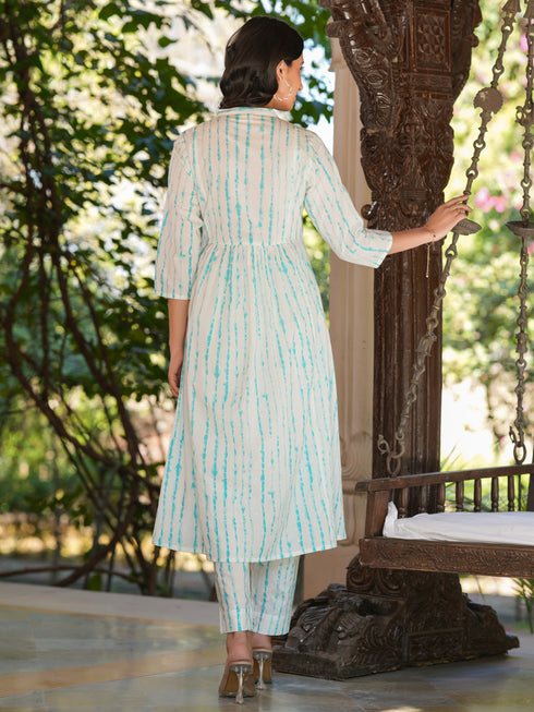 White Pure Cotton Tie & Dye Mirror Work A-line Kurta Pant Set